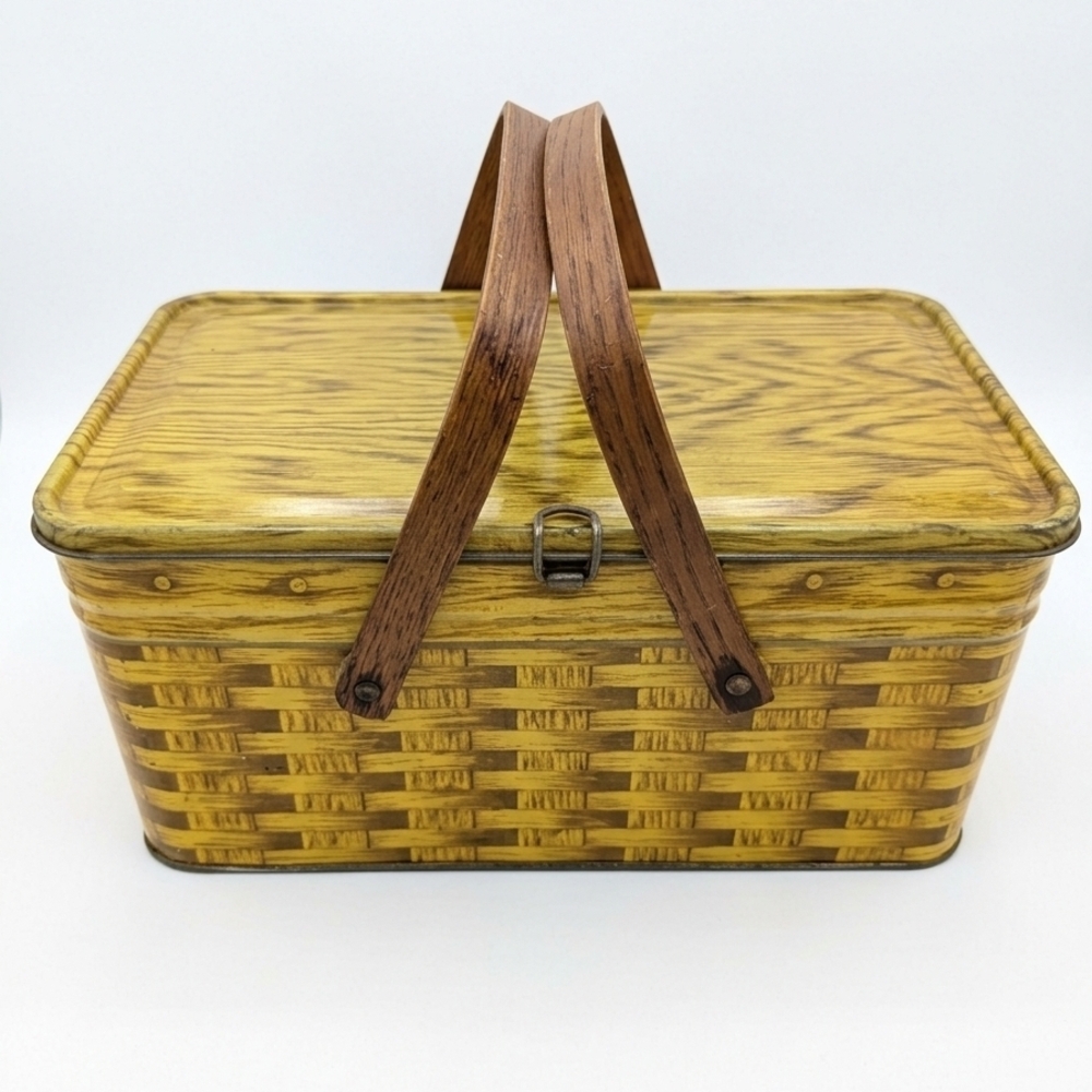 1950s Educator Picnic Basket Advertising Tin Yellow Collectible Container - Picture 2 of 3